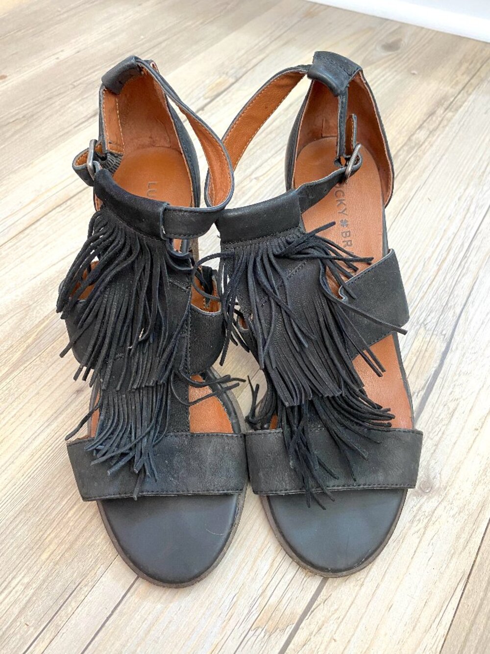 Lucky Brand Black Fringe Cutout Block Heels - Size 8